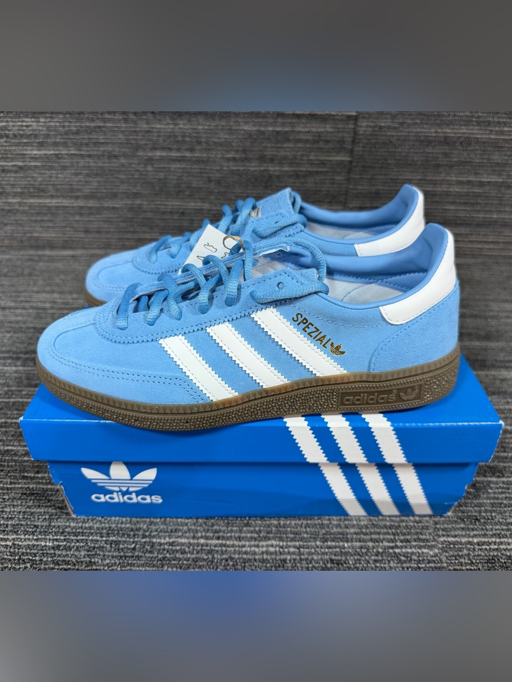 adidas Handball Spezial J Light Blue Suede Sneakers with White Stripes Gum Soles - Picture 2 of 8